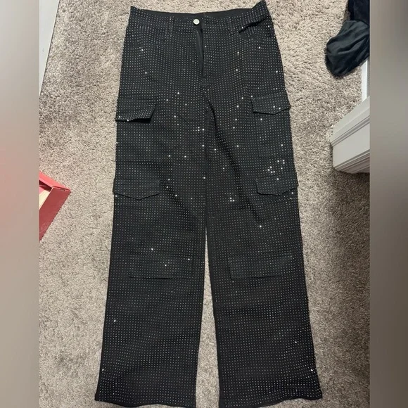 SHEIN Mid Waist Black Rhinestone Straight Leg Casual Cargo Jeans - Picture 7 of 7